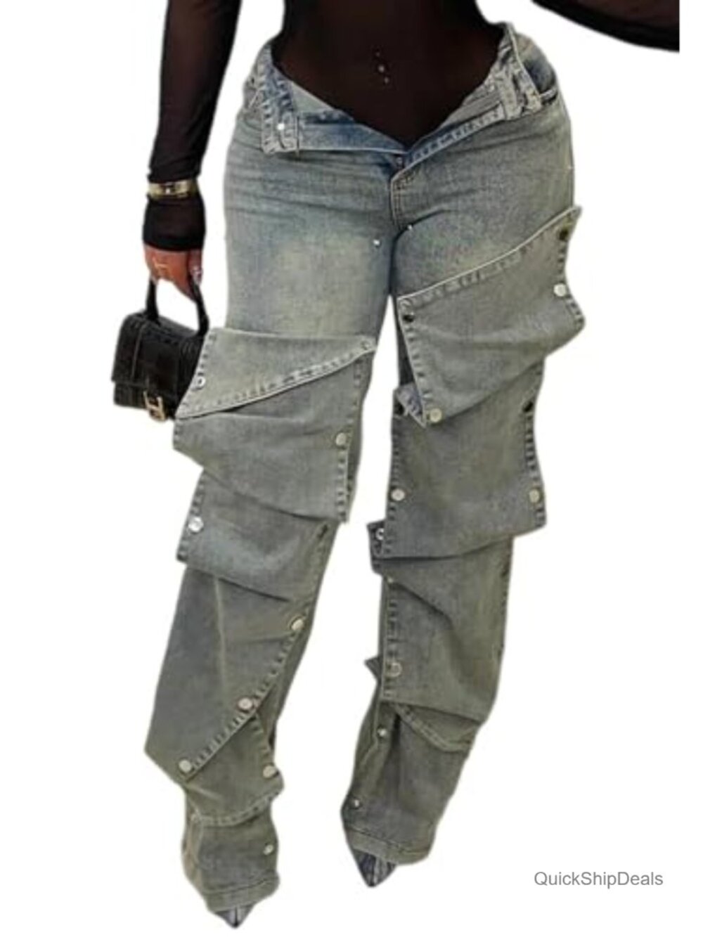 High Waisted Straight Leg Cargo Jeans with Detachable Buttons - Women's Y2K